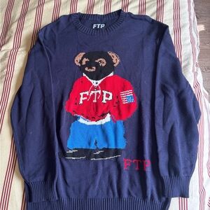FTP Navy Crewneck Sweater with Bear Graphic - Red/Blue